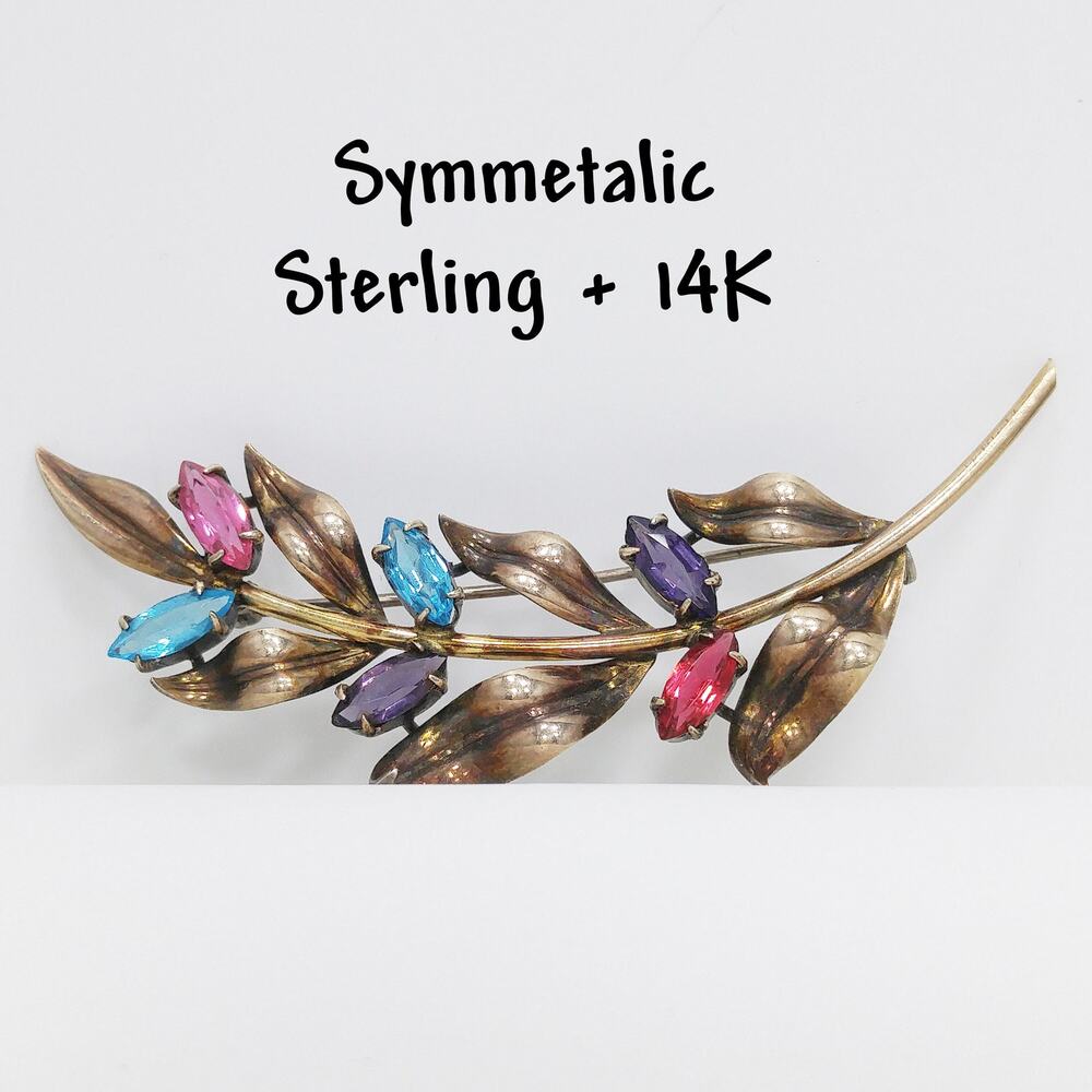 Vintage Symmetalic Sterling 14K Gold Floral Rhinestone Brooch 1930s